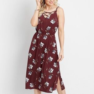 Maurice’s Burgundy Floral Midi Dress with Criss-Cross Neckline